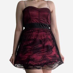 Red with black lace strapless mini Trixxi dress with bow detail